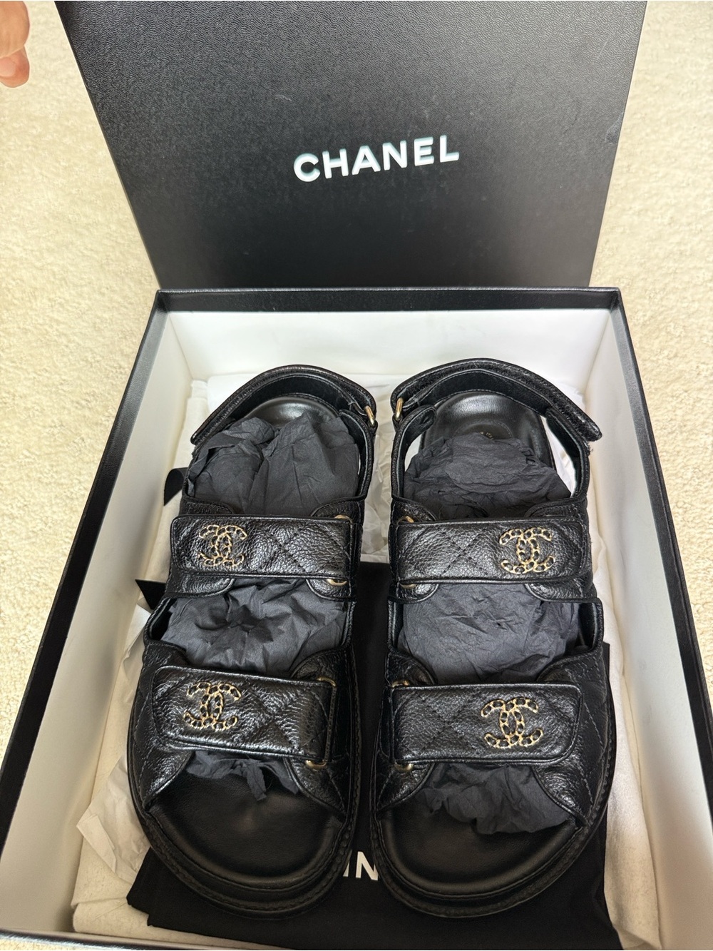 Authentic CHANEL Black Quilted caviar Leather Logo dad Sandals 38 8 - Picture 13 of 13